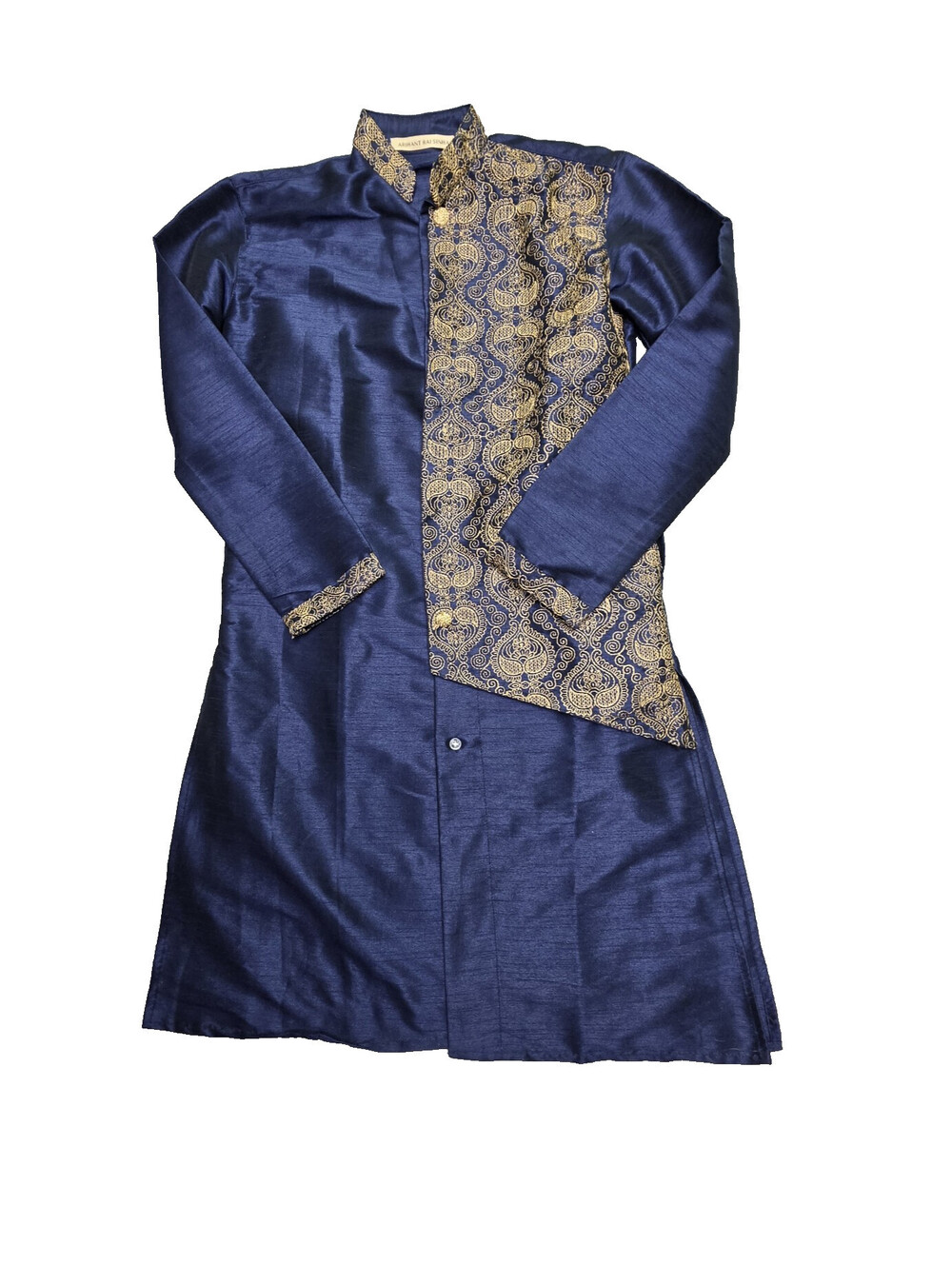 Arihant Rai Sinha Luxury Men Silk Blend Asymmetric Kurta Navy Blue Gold Size S